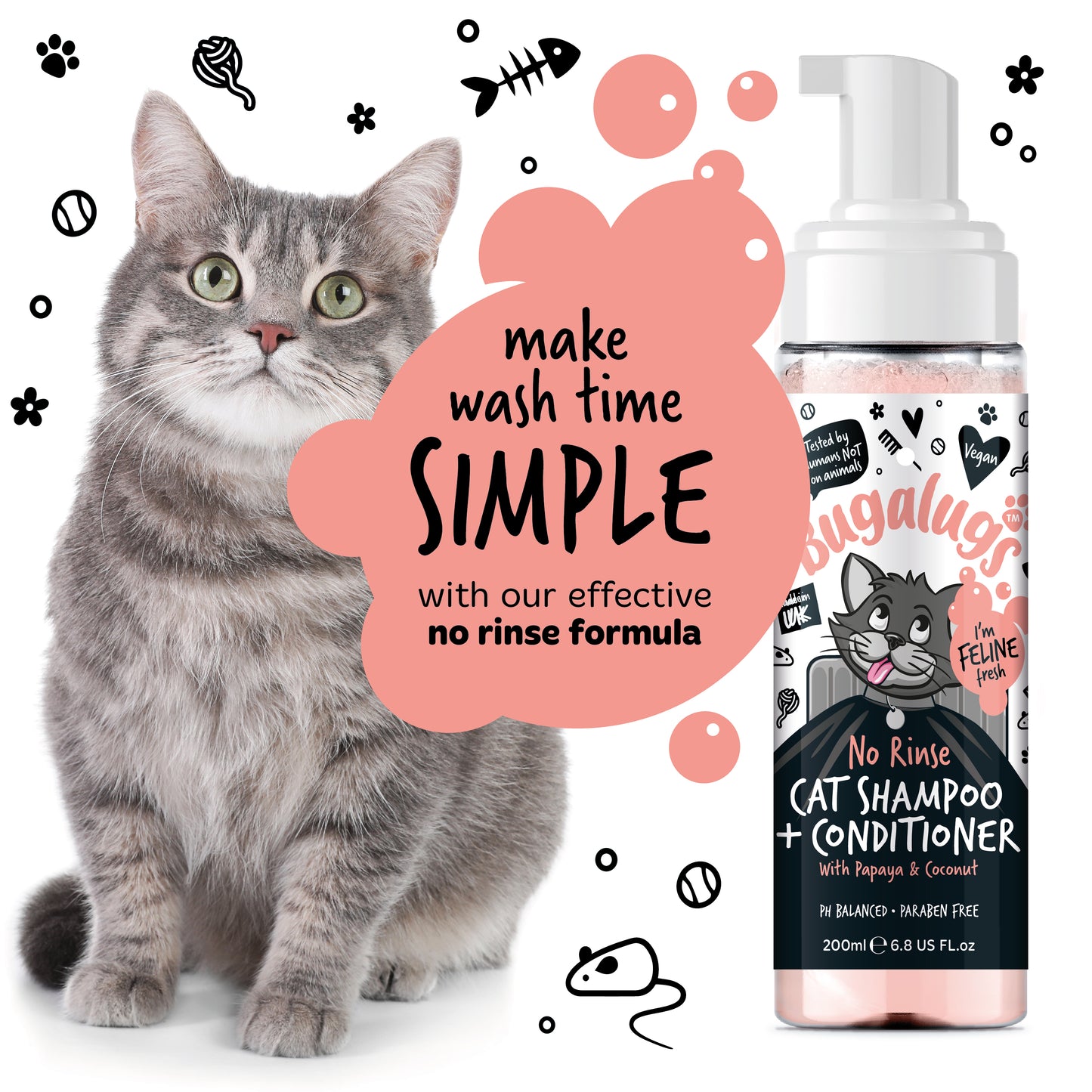 Bugalugs 2 in 1 No Rinse Papaya and Coconut Cat Shampoo (200ml)